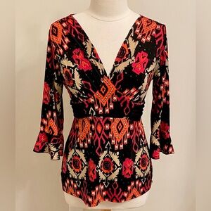 Joei & I Black Red Tan Sequin Geometric Bell Sleeve Belted Tie Back Casual Top M